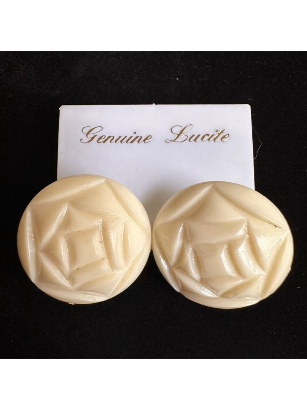 Vintage Genuine Lucite Earrings Clip On Hong Kong Off White Rose Flower Round MC